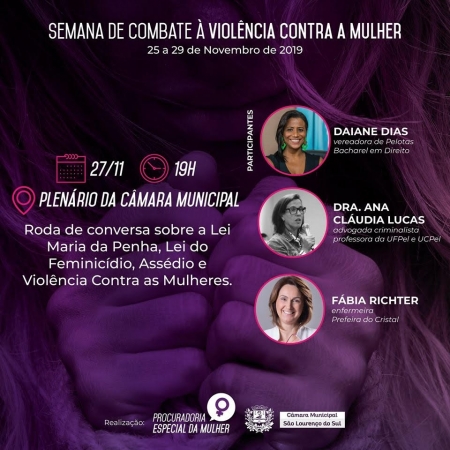Sessão Ordinária desta quarta-feira com a atividade relativa a Semana de Combate à Violência Contra a Mulher