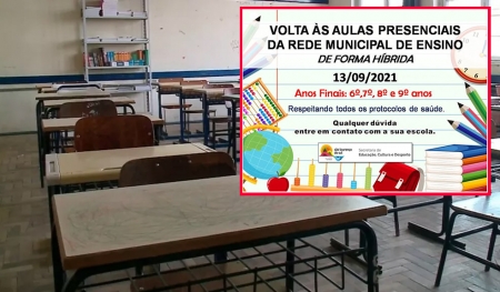 ​Nesta segunda-feira (13) acontece a volta às aulas presenciais (híbrida) na rede municipal de ensino do 6º, 7º, 8º e 9º ano