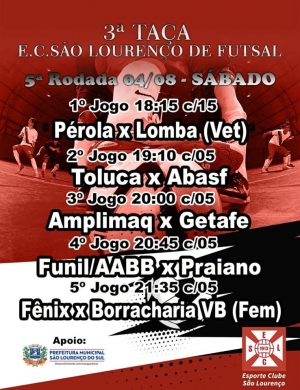 Resultados da 5° rodada da Taça E.C. São Lourenço de Futsal realizada neste sábado